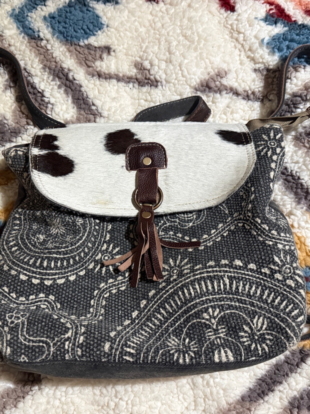 Myra Bag Black & White Patterned Crossbody with Cowhide Flap